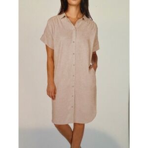 Well Worn Womens Linen Blend Short Sleeve Button Front Shirt Dress Beige Small